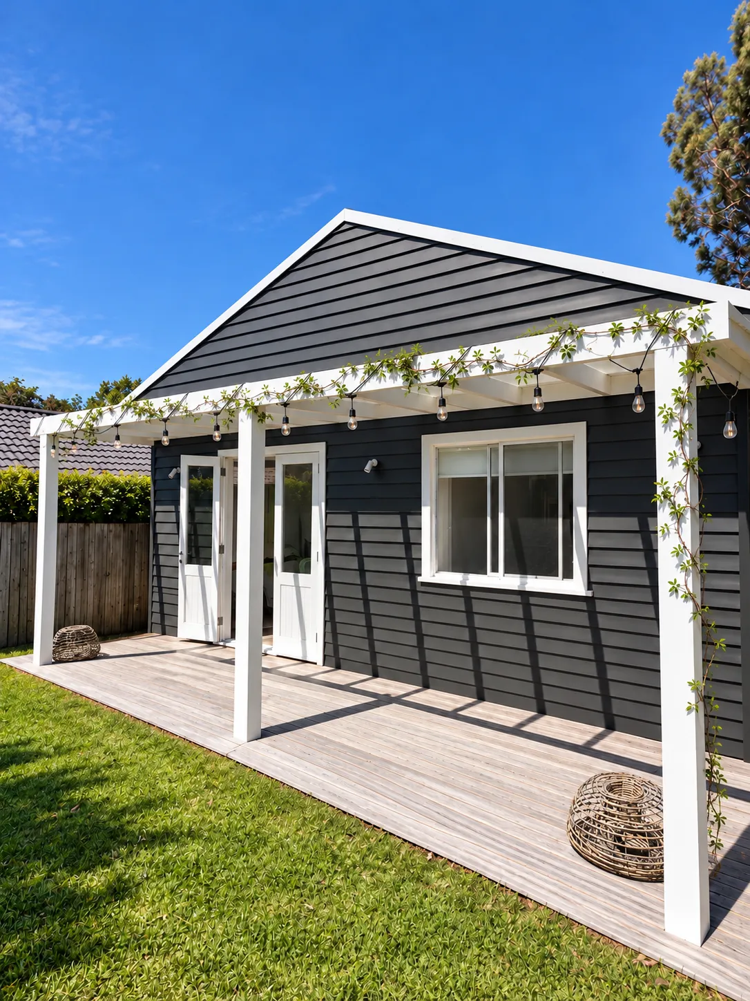 Dark weatherboard cottage with white pergola and timber deck