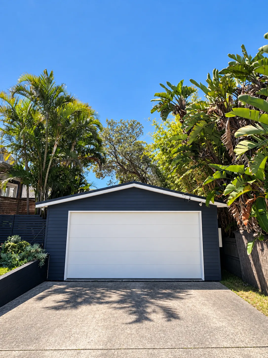 Garage with white door and concrete driveway framed by palms