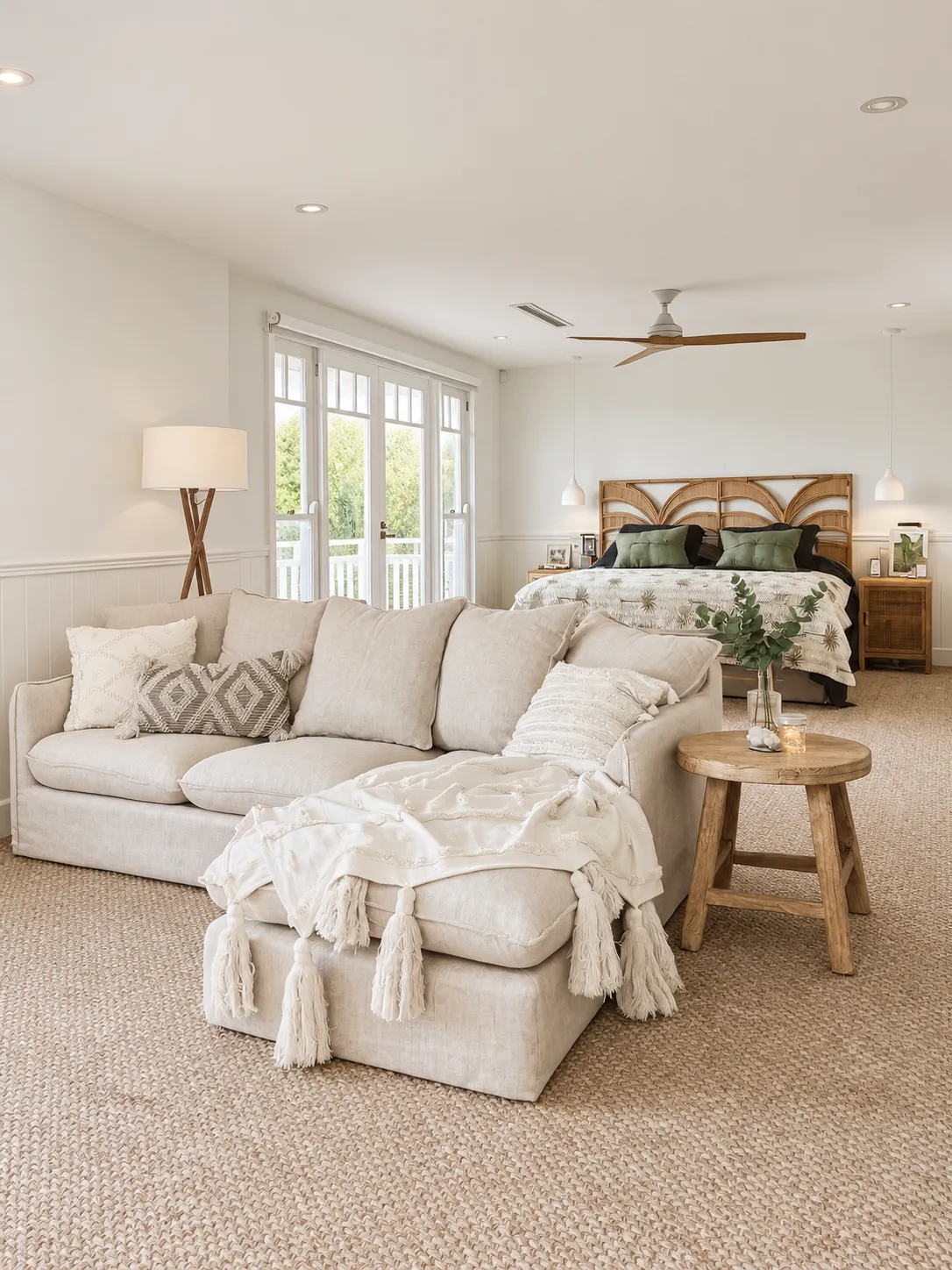 Living area with sofa, seagrass carpet and French doors