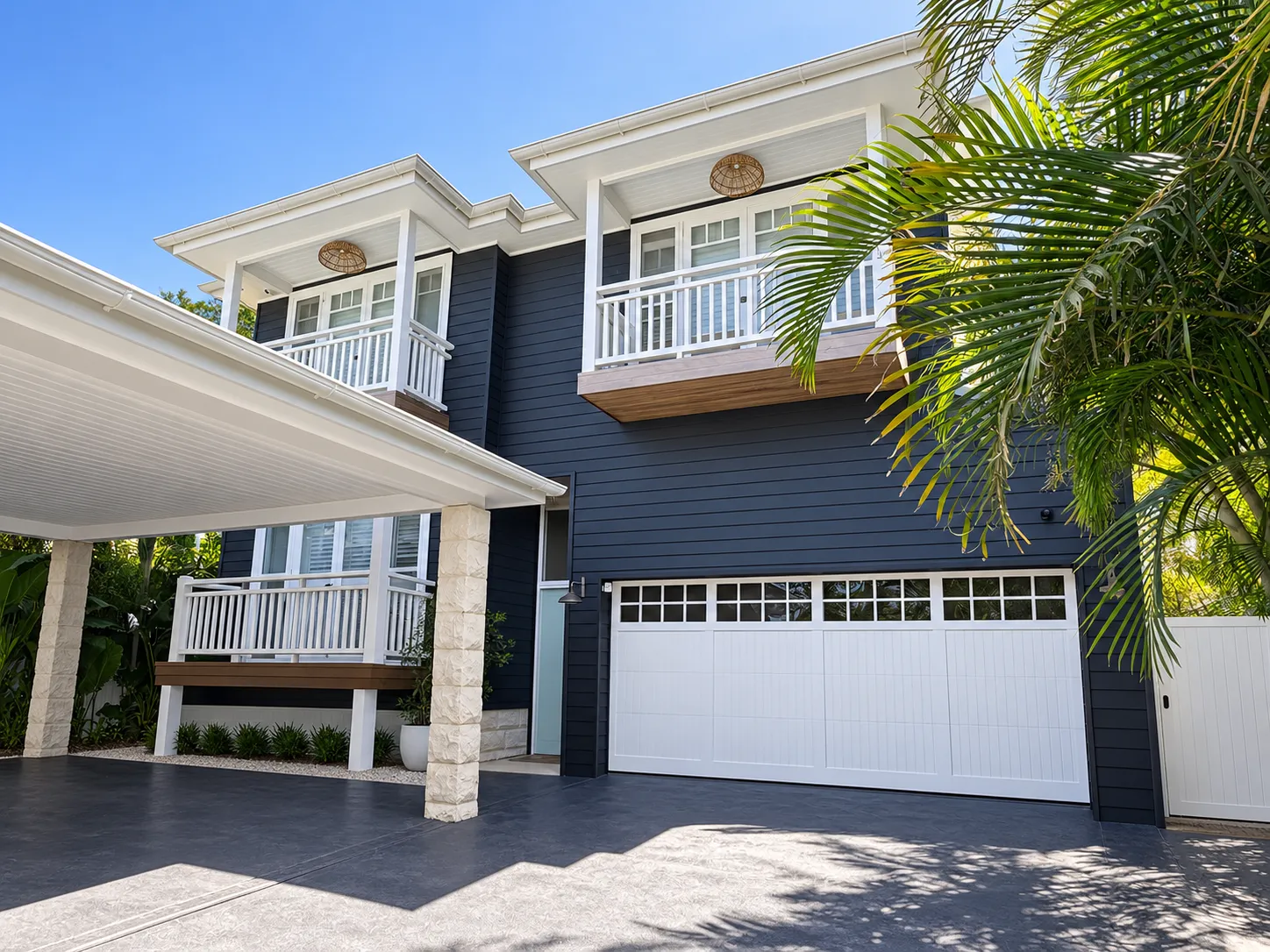 Black weatherboard house with white balconies, sandstone column and double garage