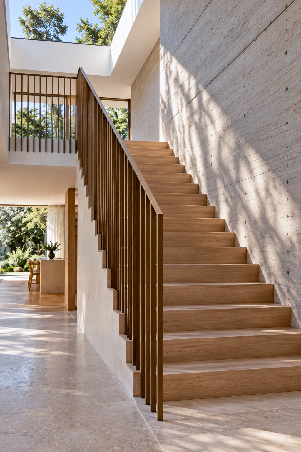 Timber staircase beside a board-formed concrete wall
