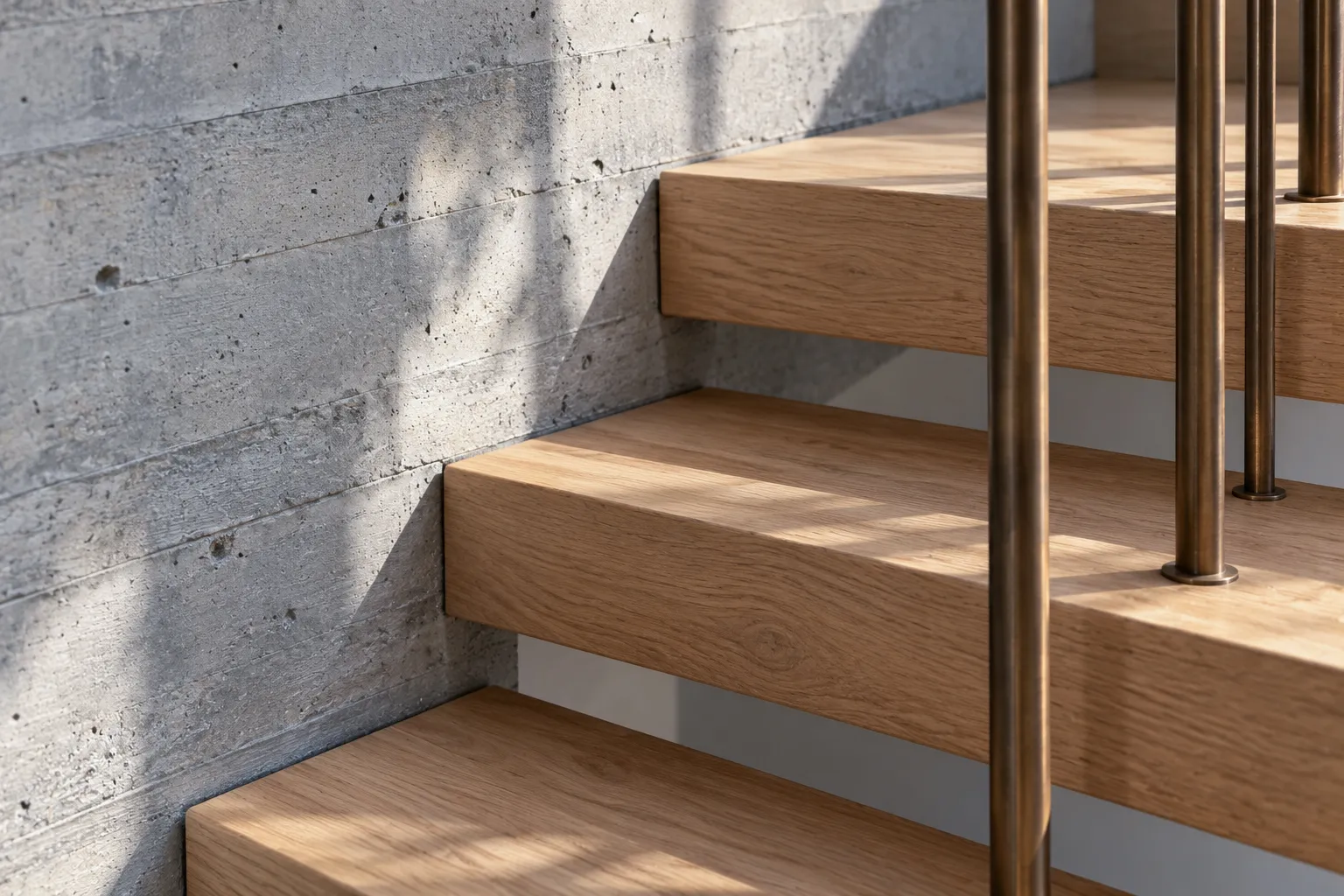 Close-up of oak stair treads and bronze balustrade against concrete