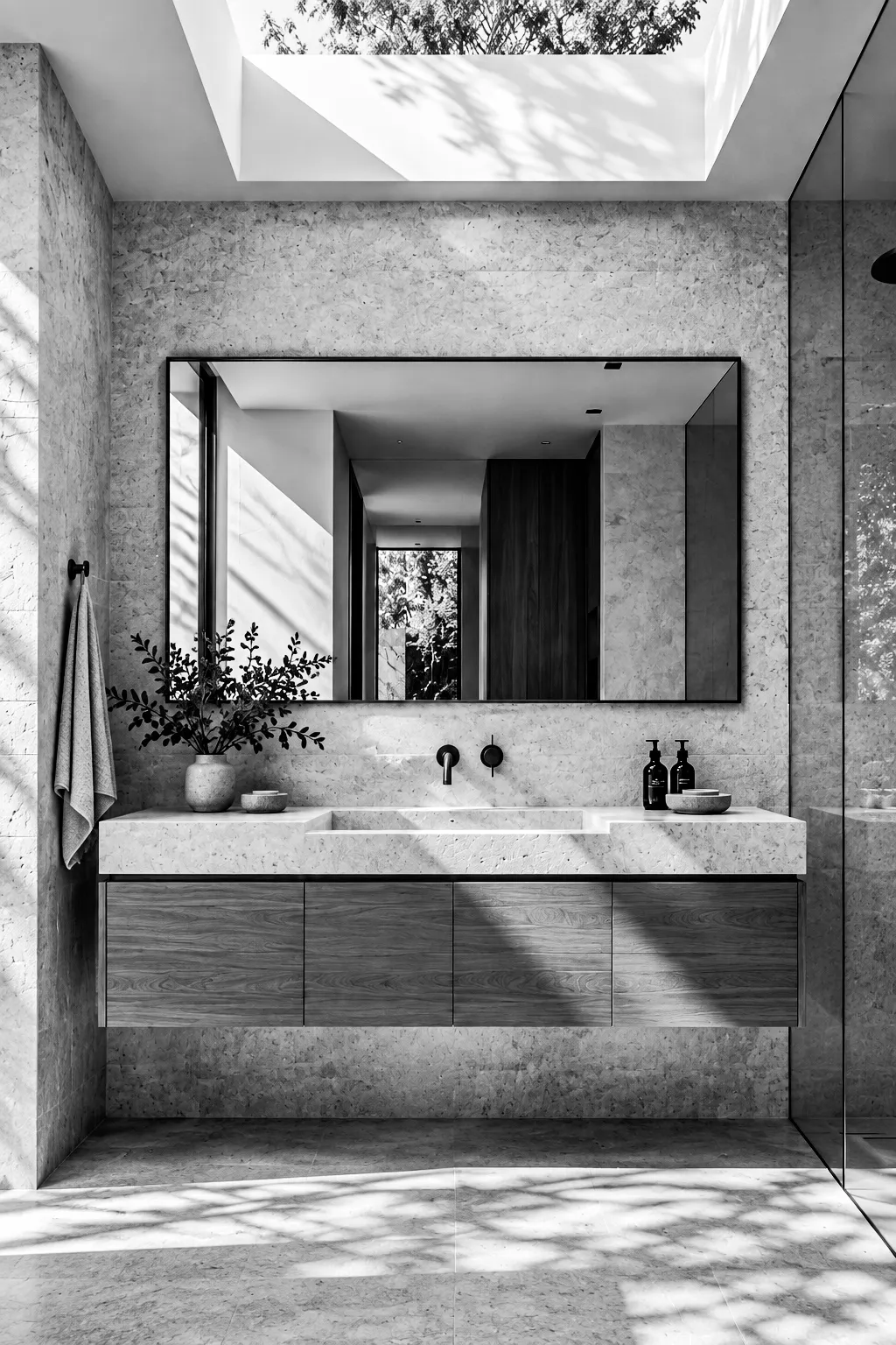 Bathroom with skylight, mirror and floating vanity