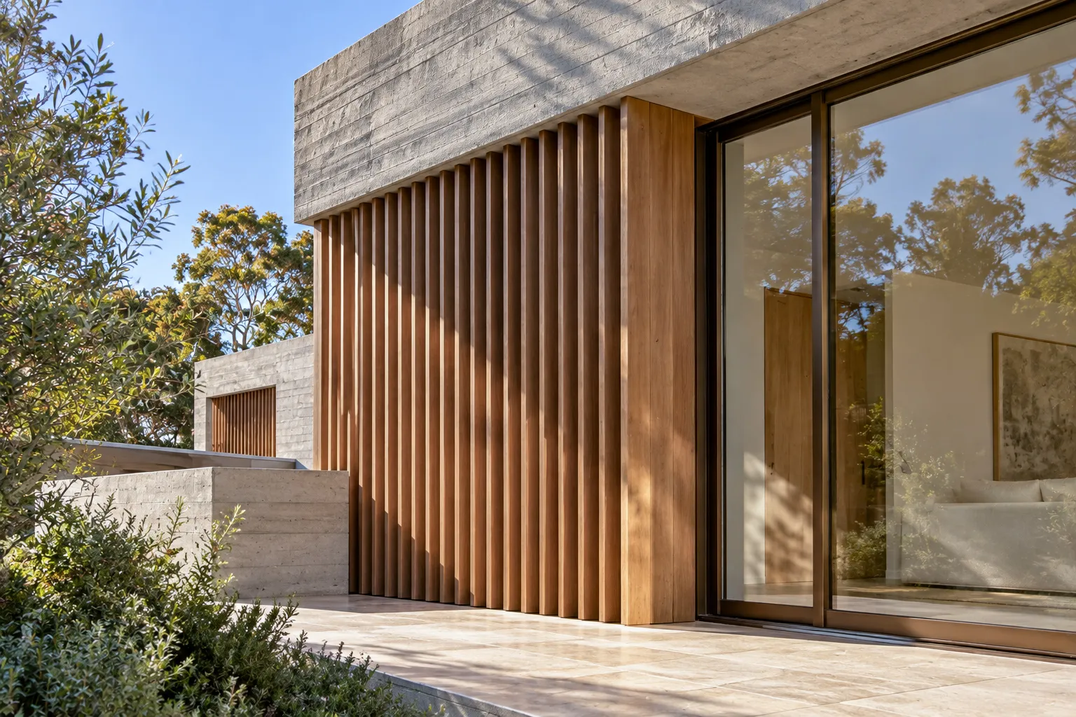 Timber-battened wall and sliding glass doors