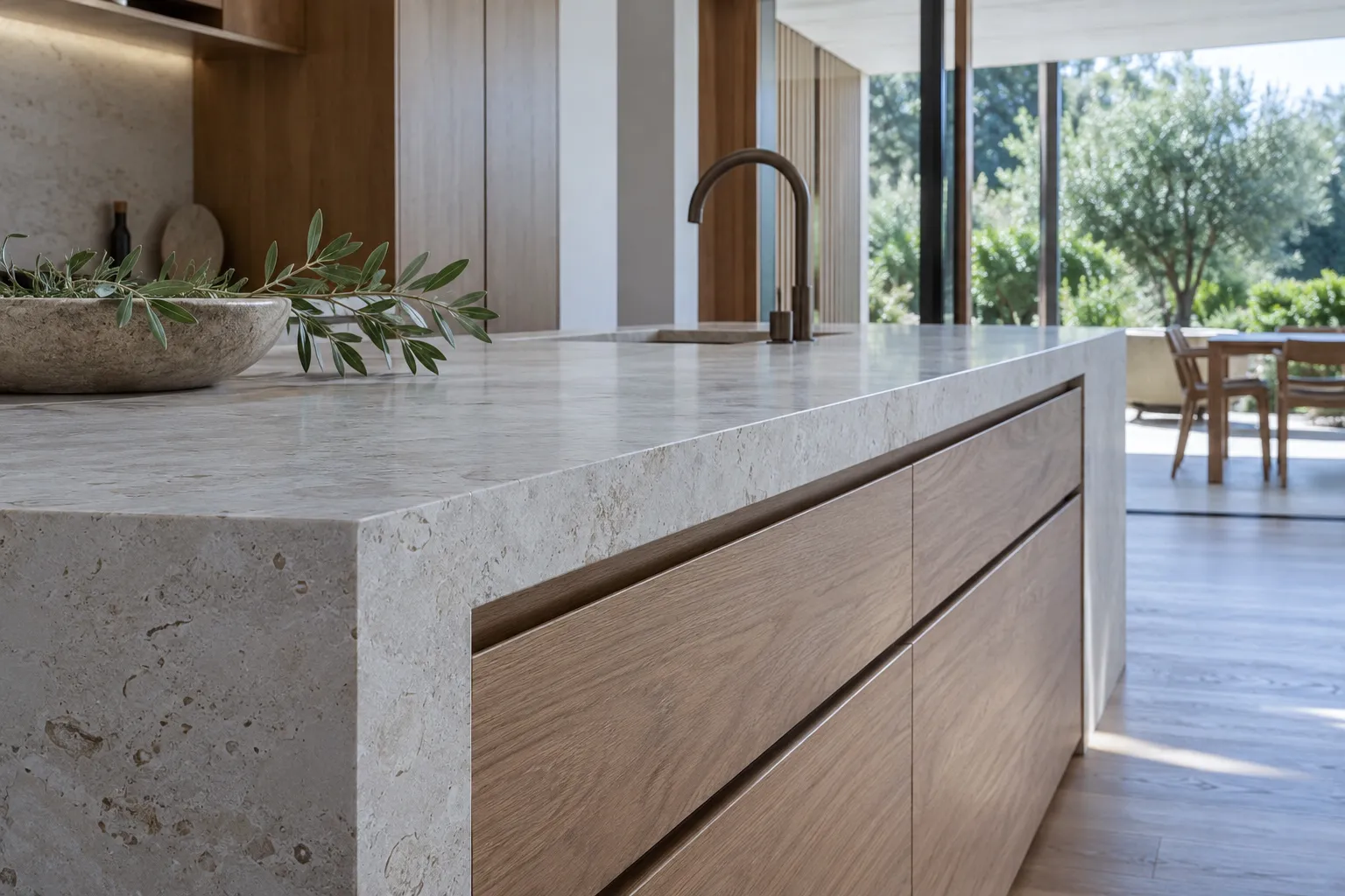 Stone benchtop detail with bronze tap and olive branch