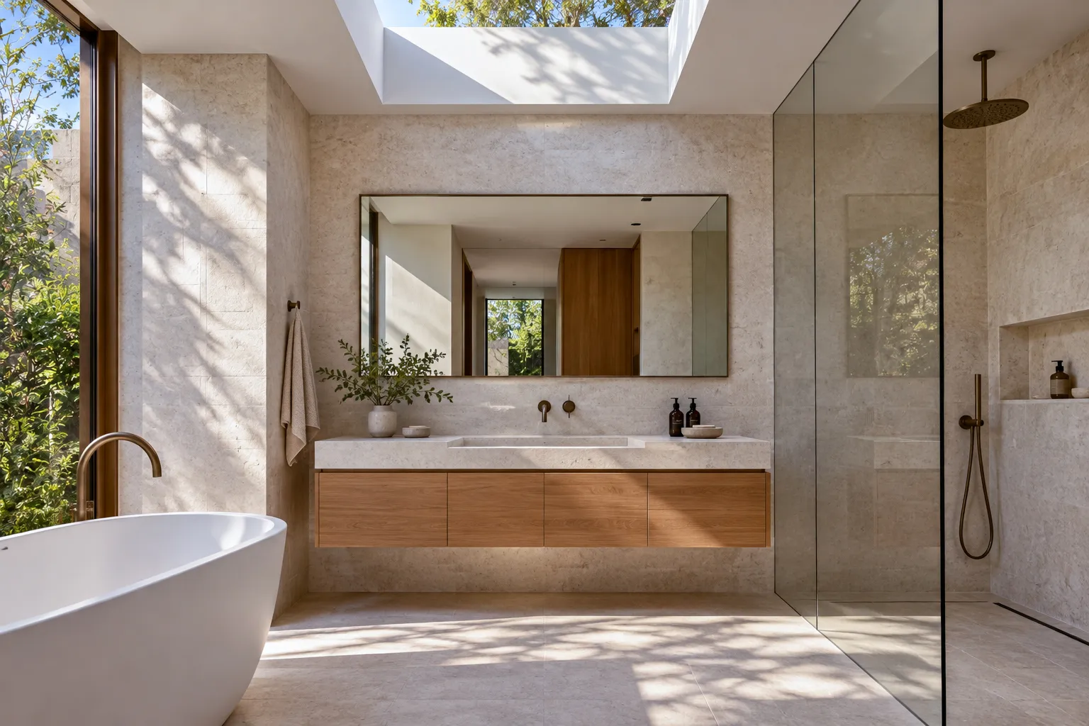Bathroom with freestanding bath, skylight and timber vanity