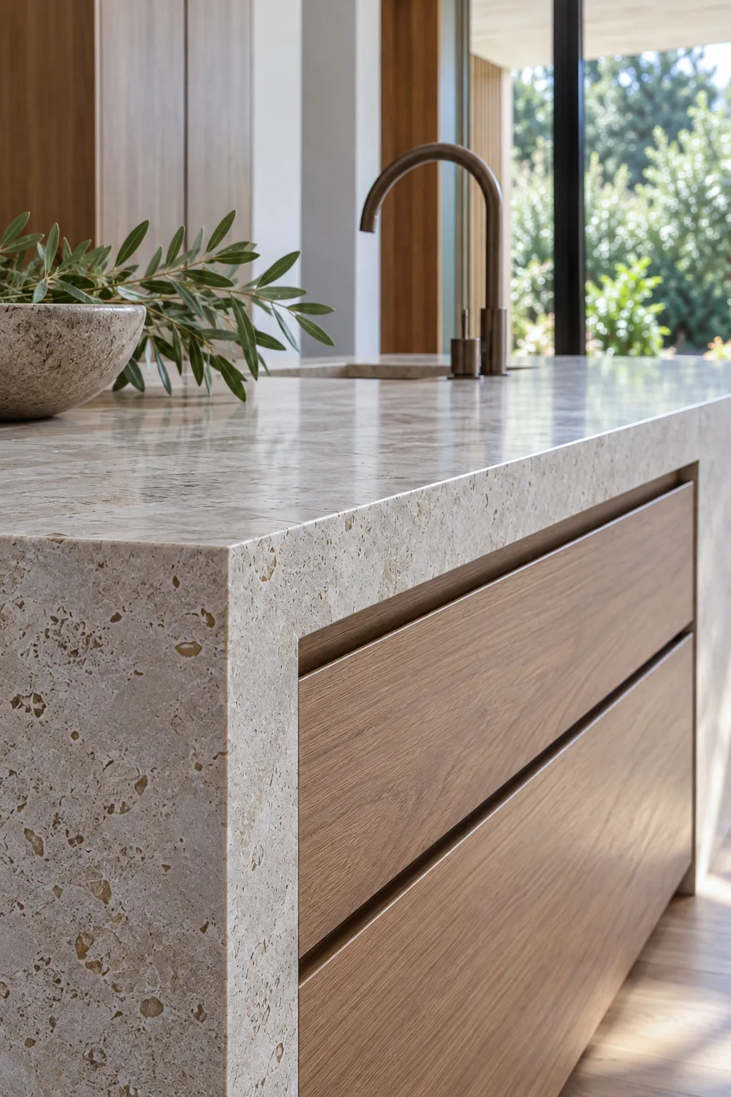 Stone island with timber drawer fronts