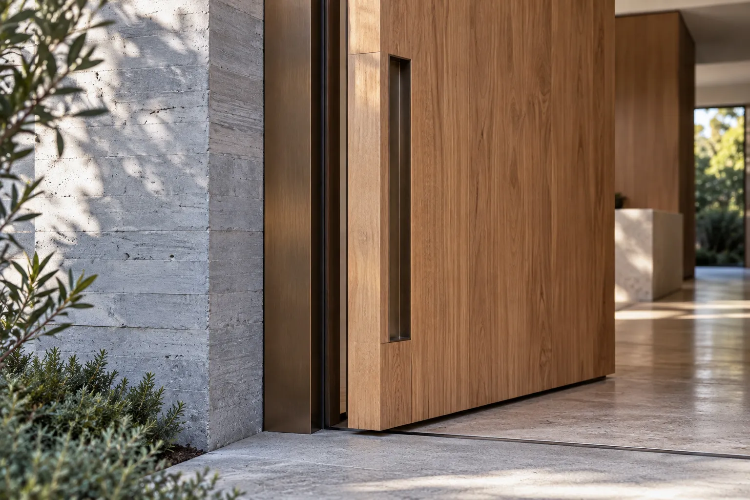 Timber pivot door beside a concrete wall