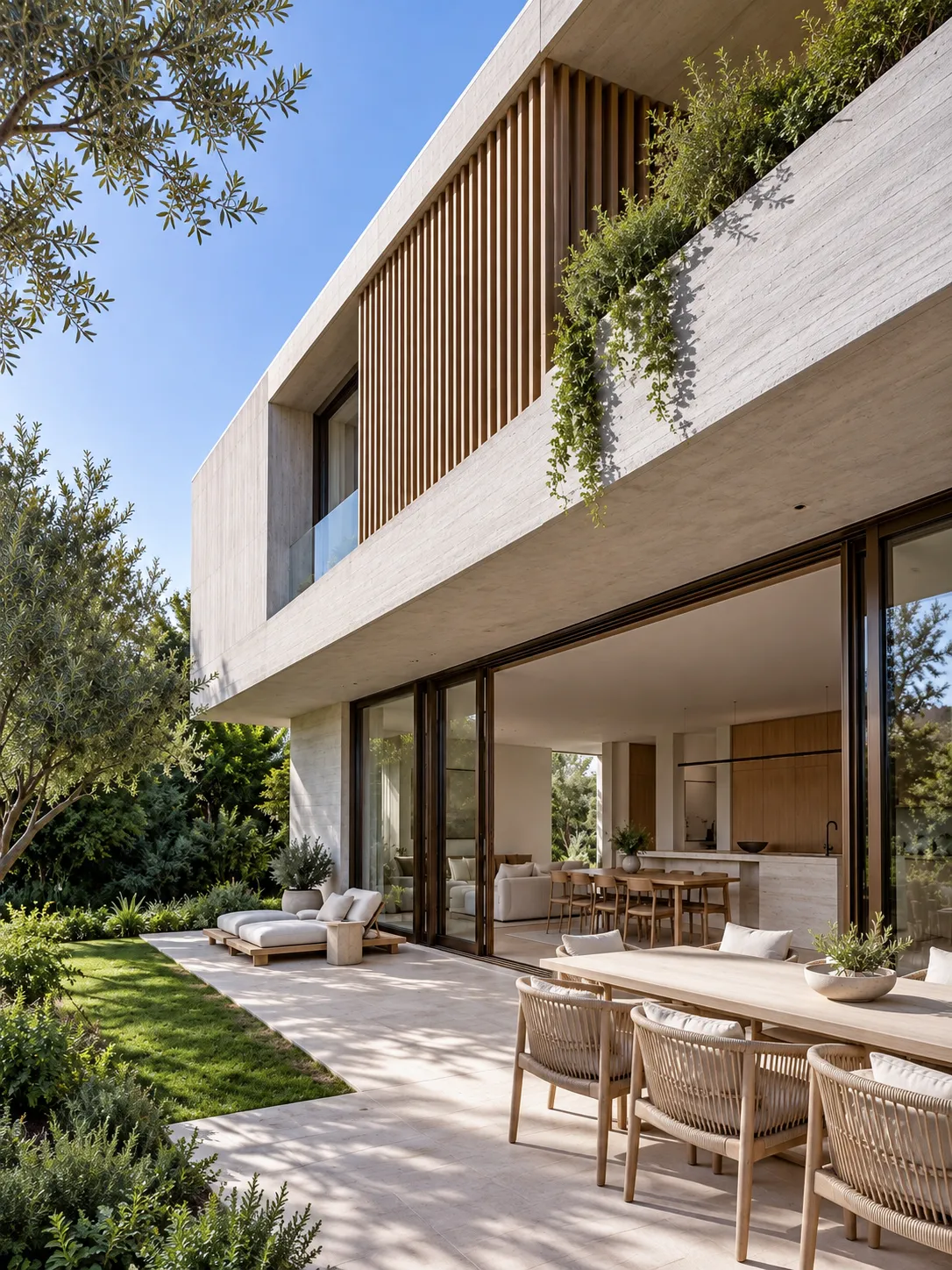 Two-storey facade with timber battens and outdoor dining