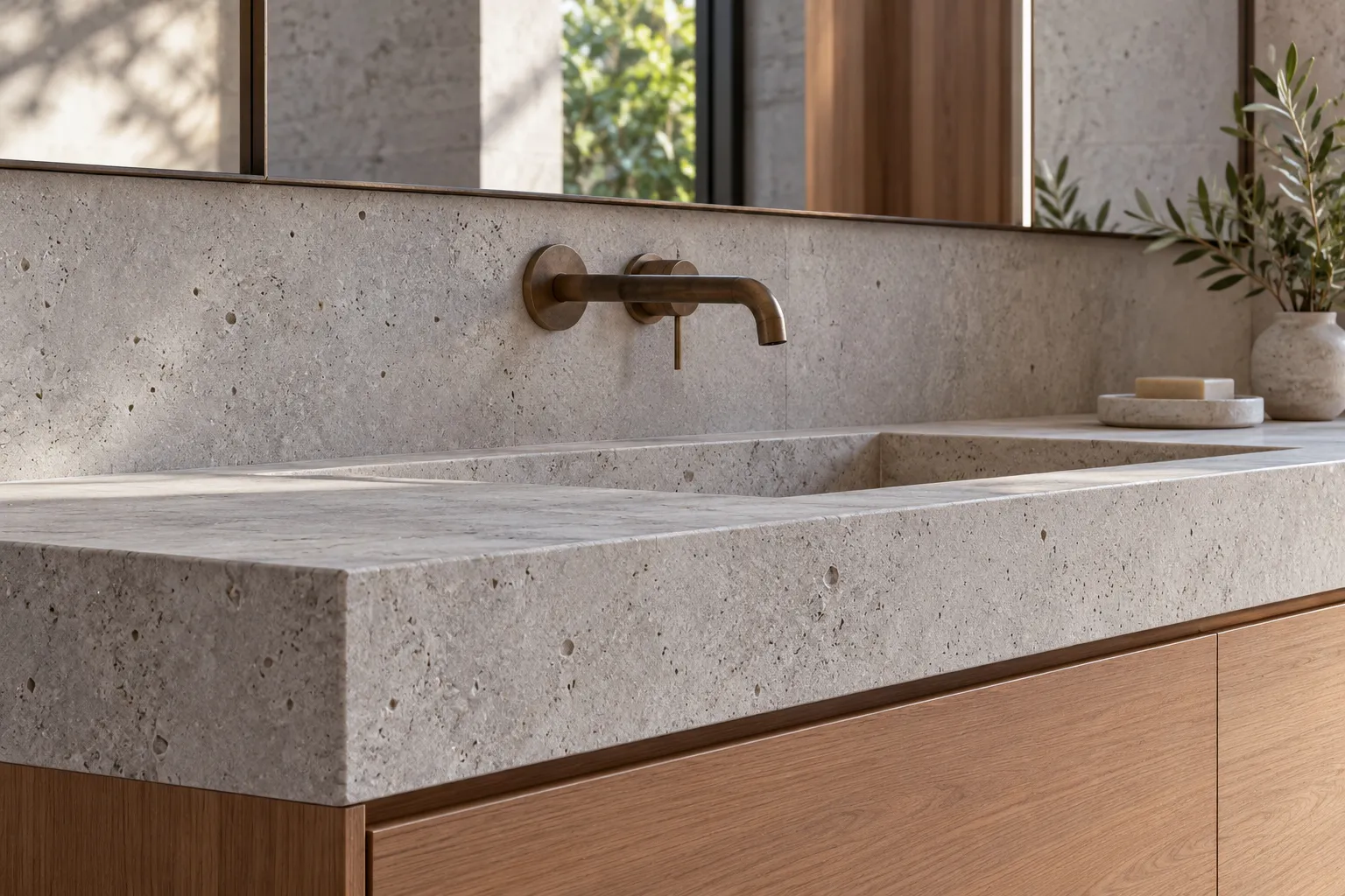 Stone basin and brass wall tap over a timber vanity