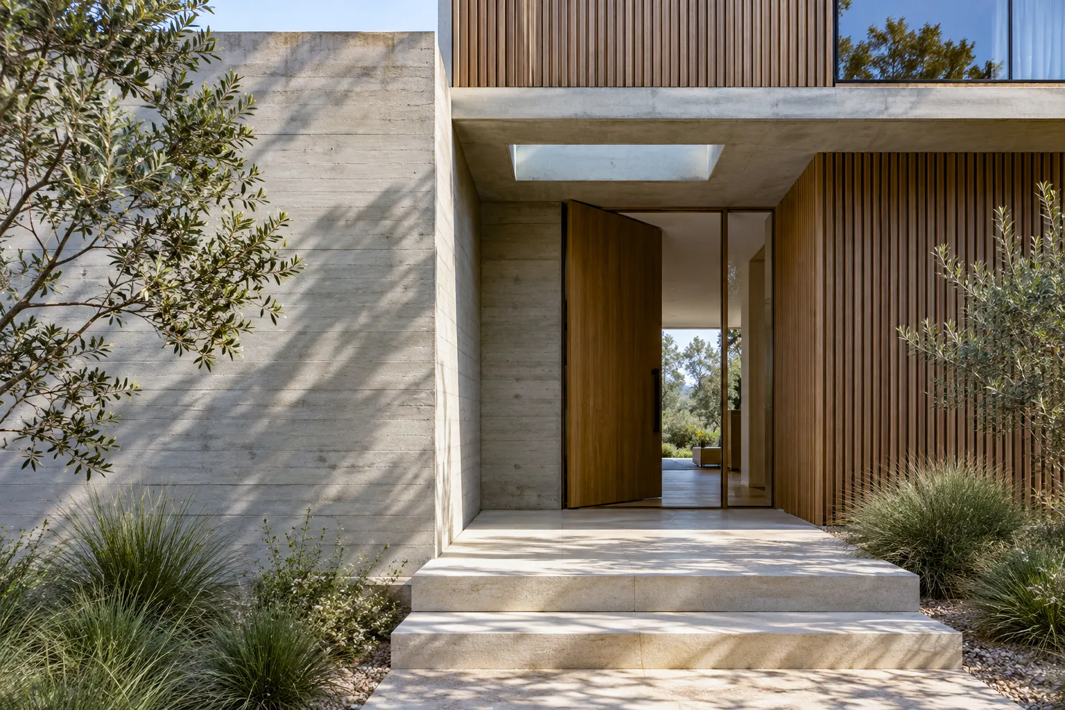 Entry with timber pivot door, stone steps and native planting