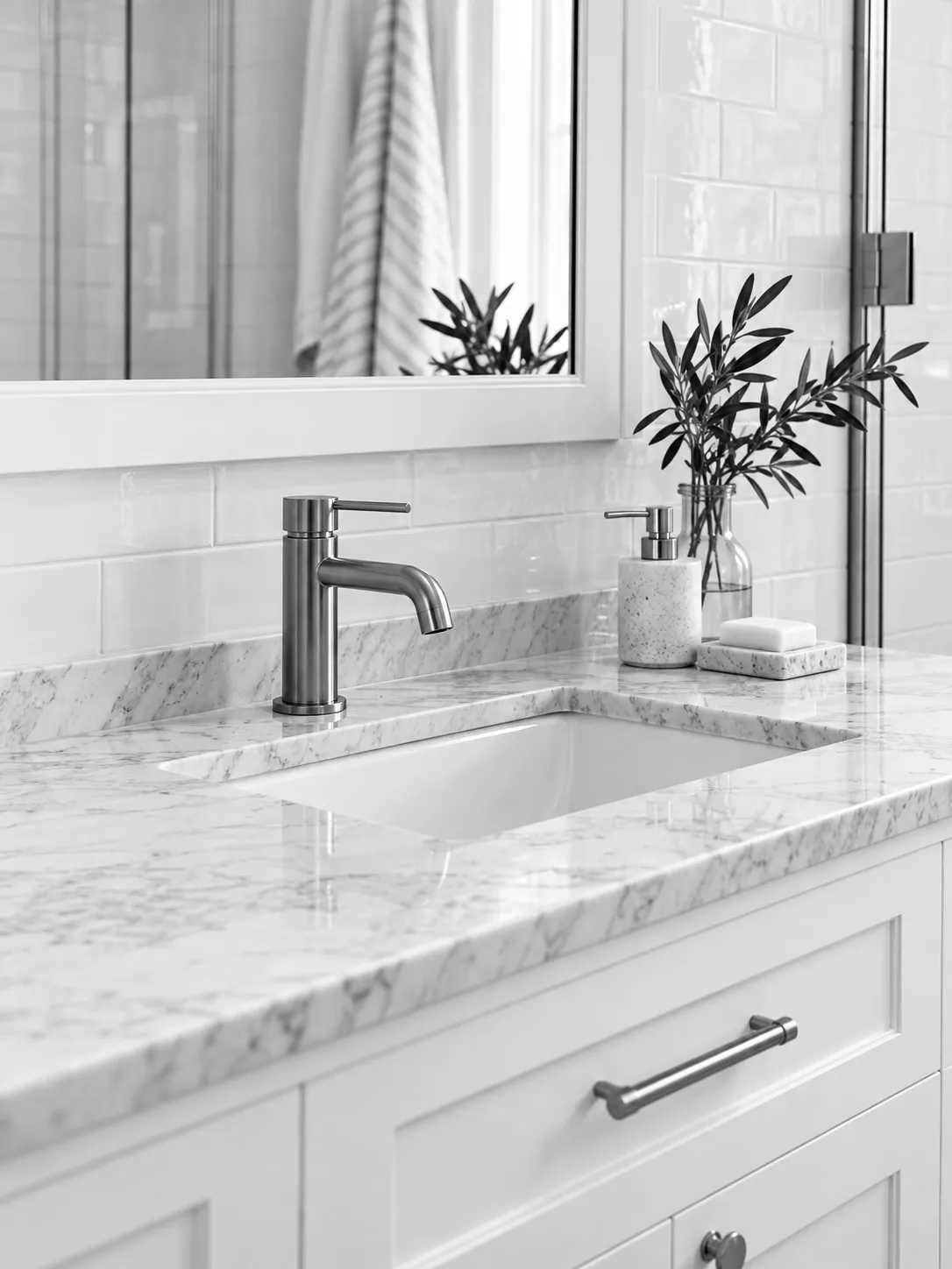 Bathroom vanity with marble top, brushed tap and mirror