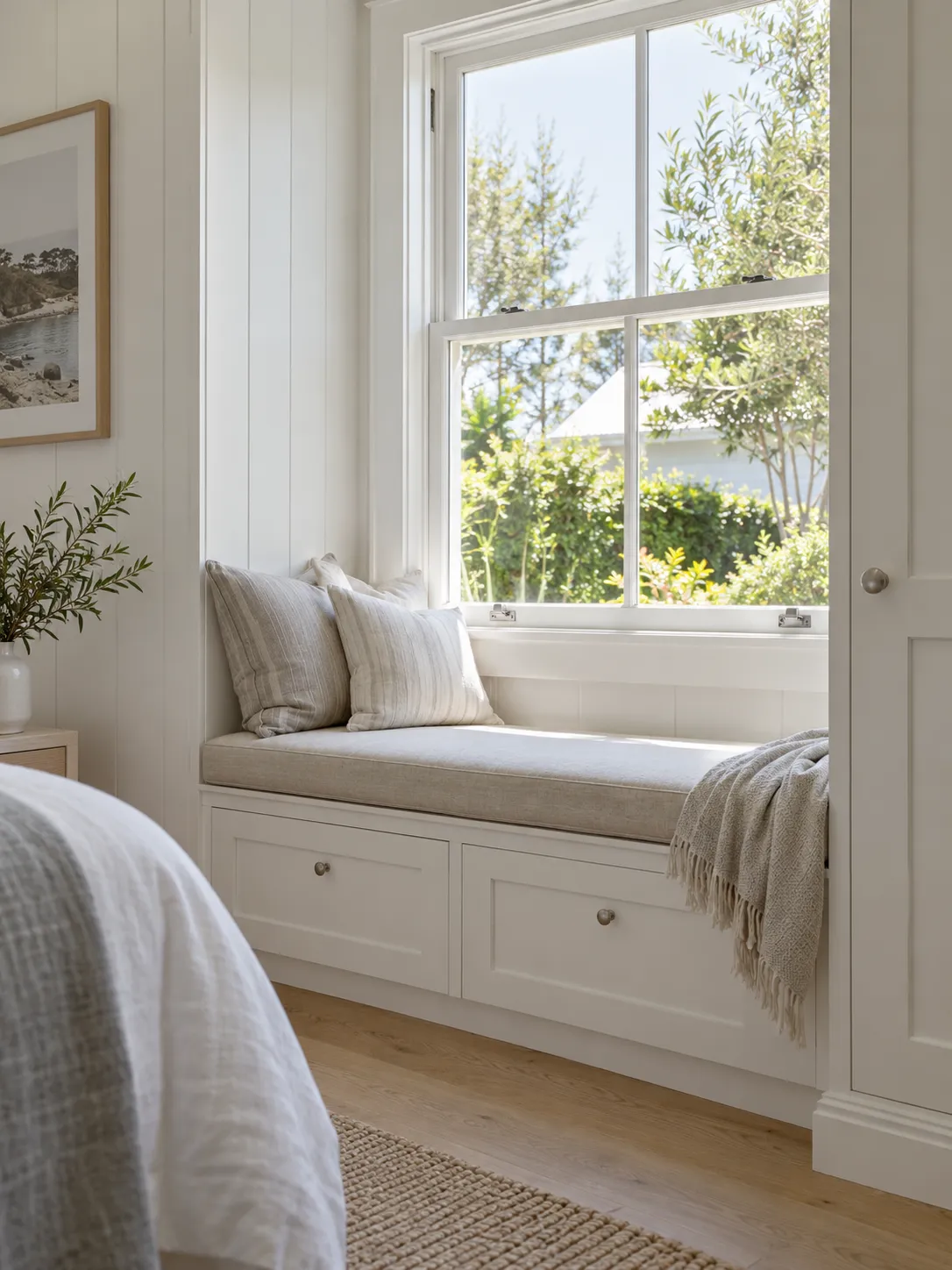 Window seat with built-in drawers beside a double-hung window