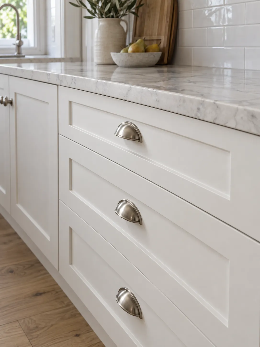 Shaker drawers with cup pulls under a marble benchtop