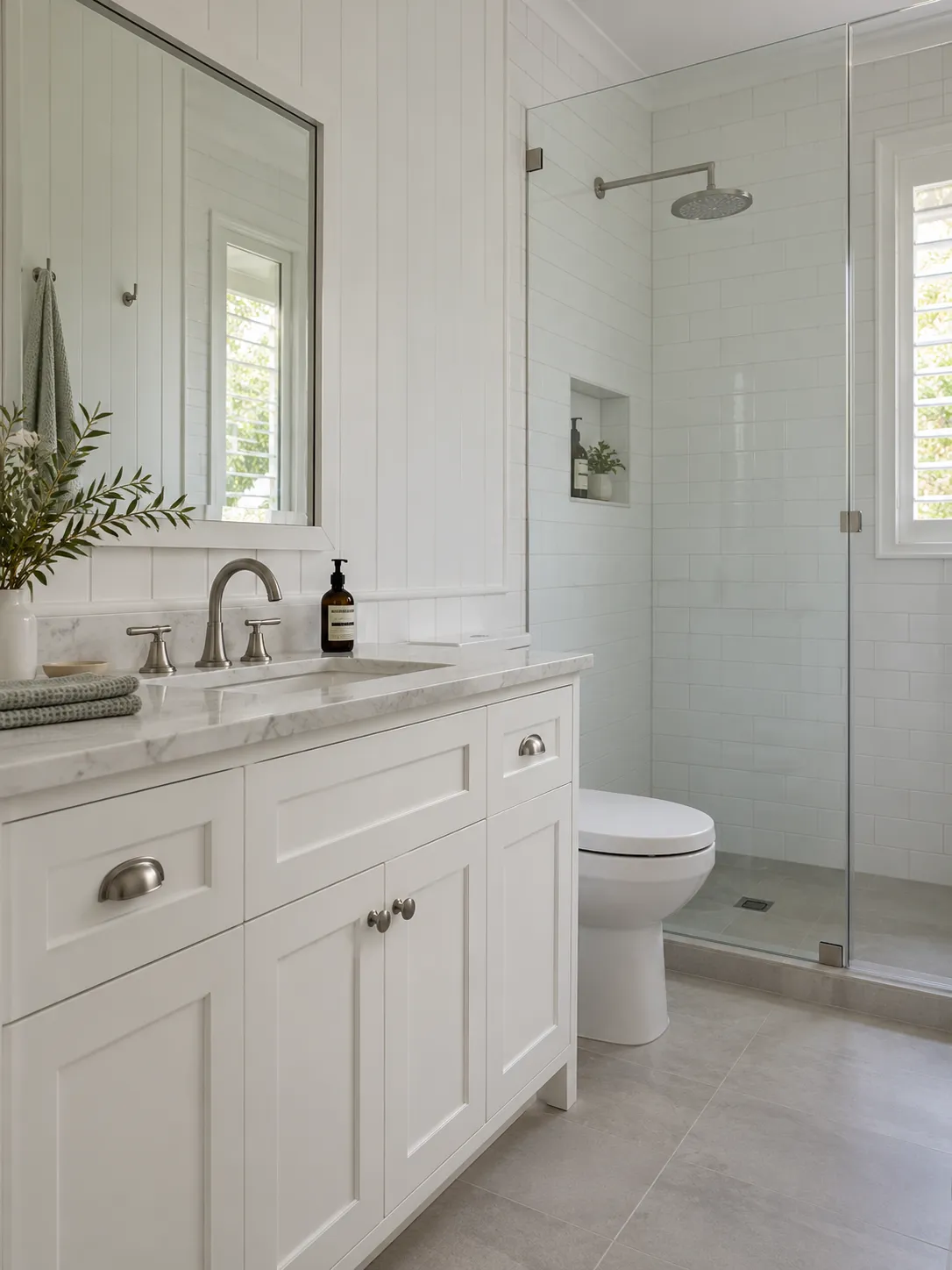 Bathroom with marble vanity, glass shower and window