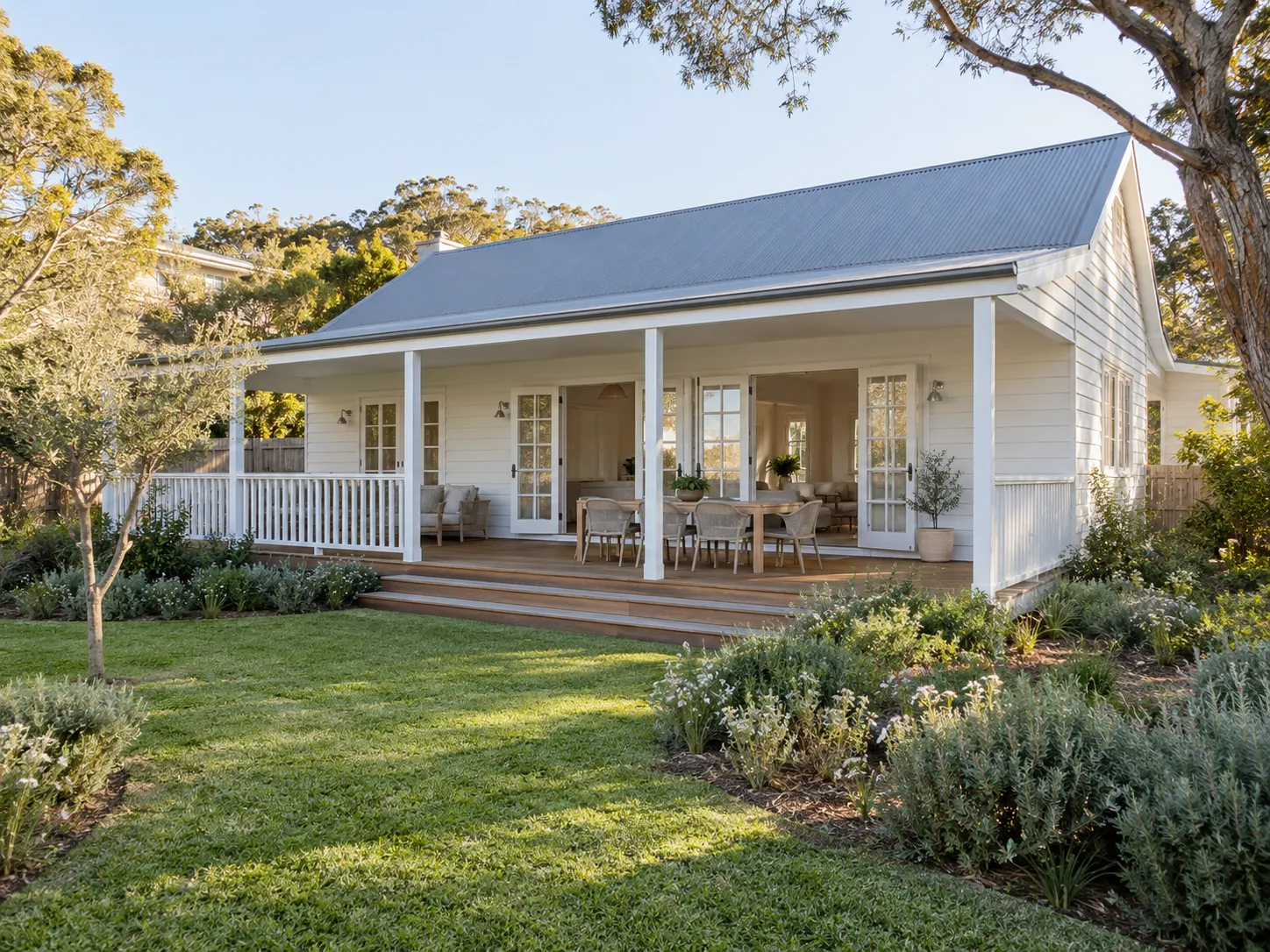 Weatherboard house with metal roof, verandah and lawn