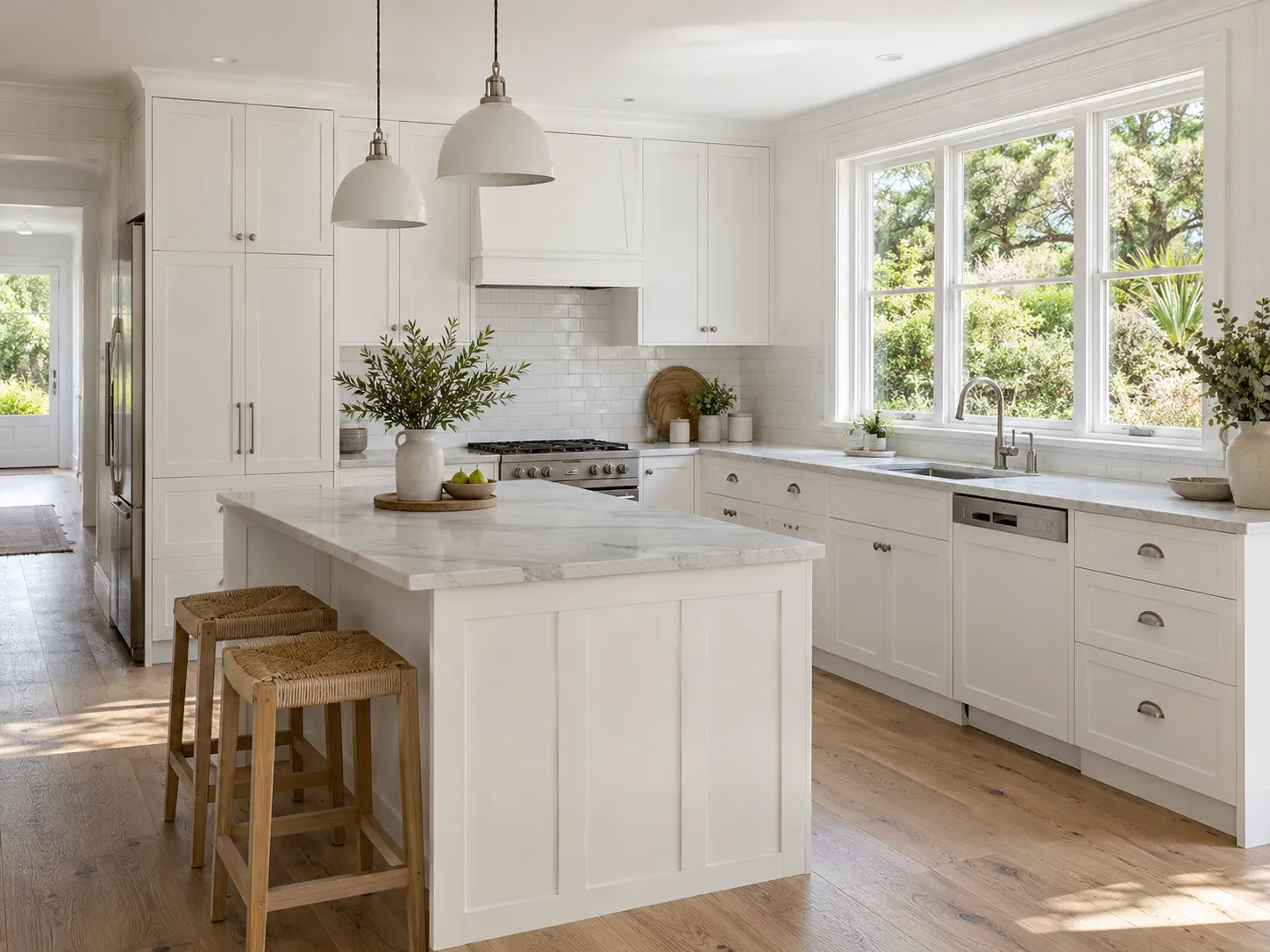 White shaker kitchen with island and timber stools