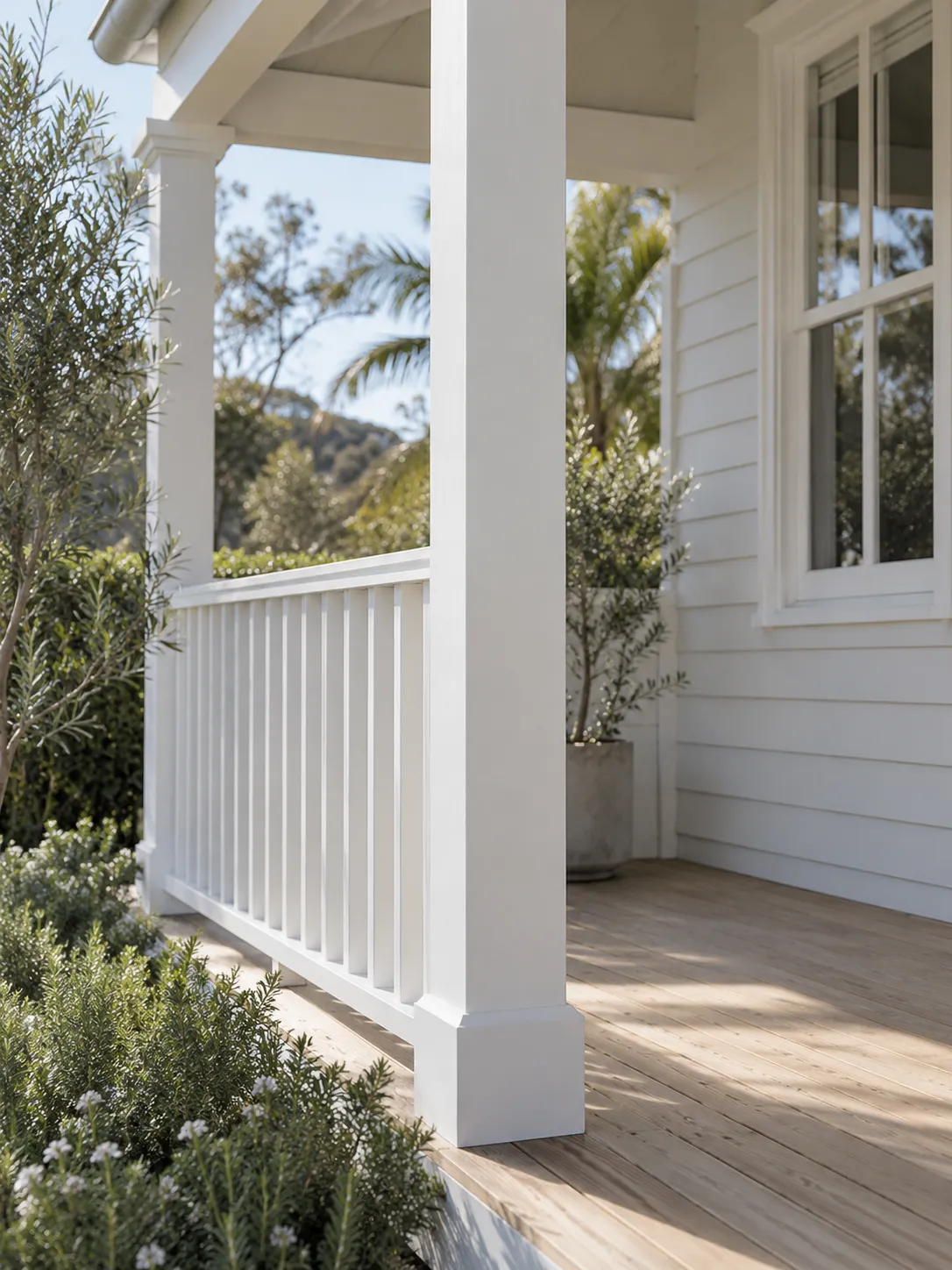Verandah post and balustrade with the garden beyond