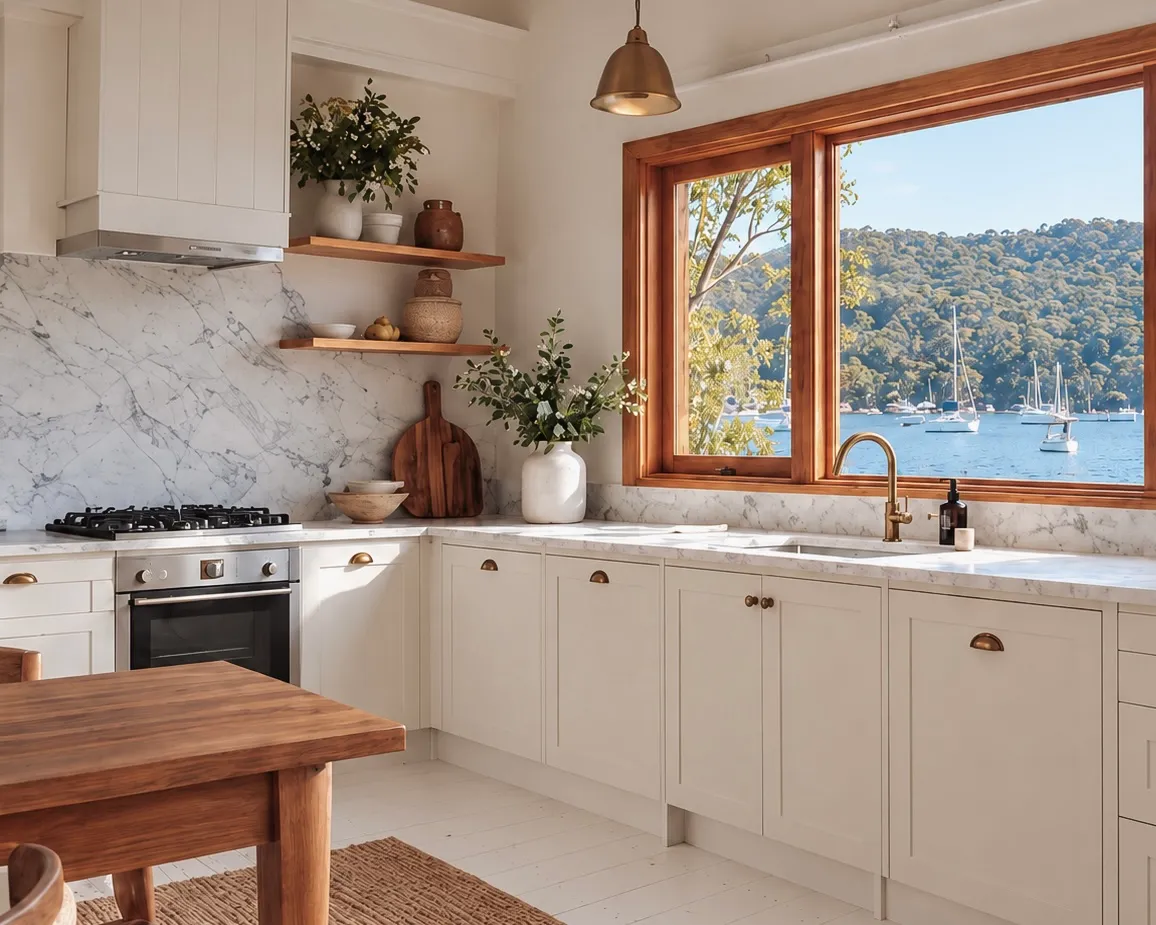 Kitchen with marble splashback and a window to the bay