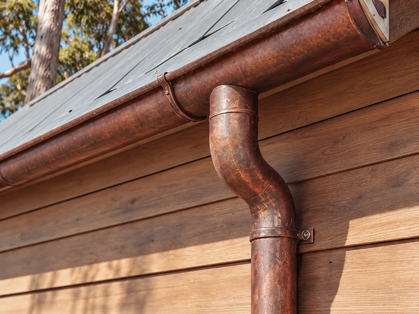 Copper downpipe and gutter on timber cladding