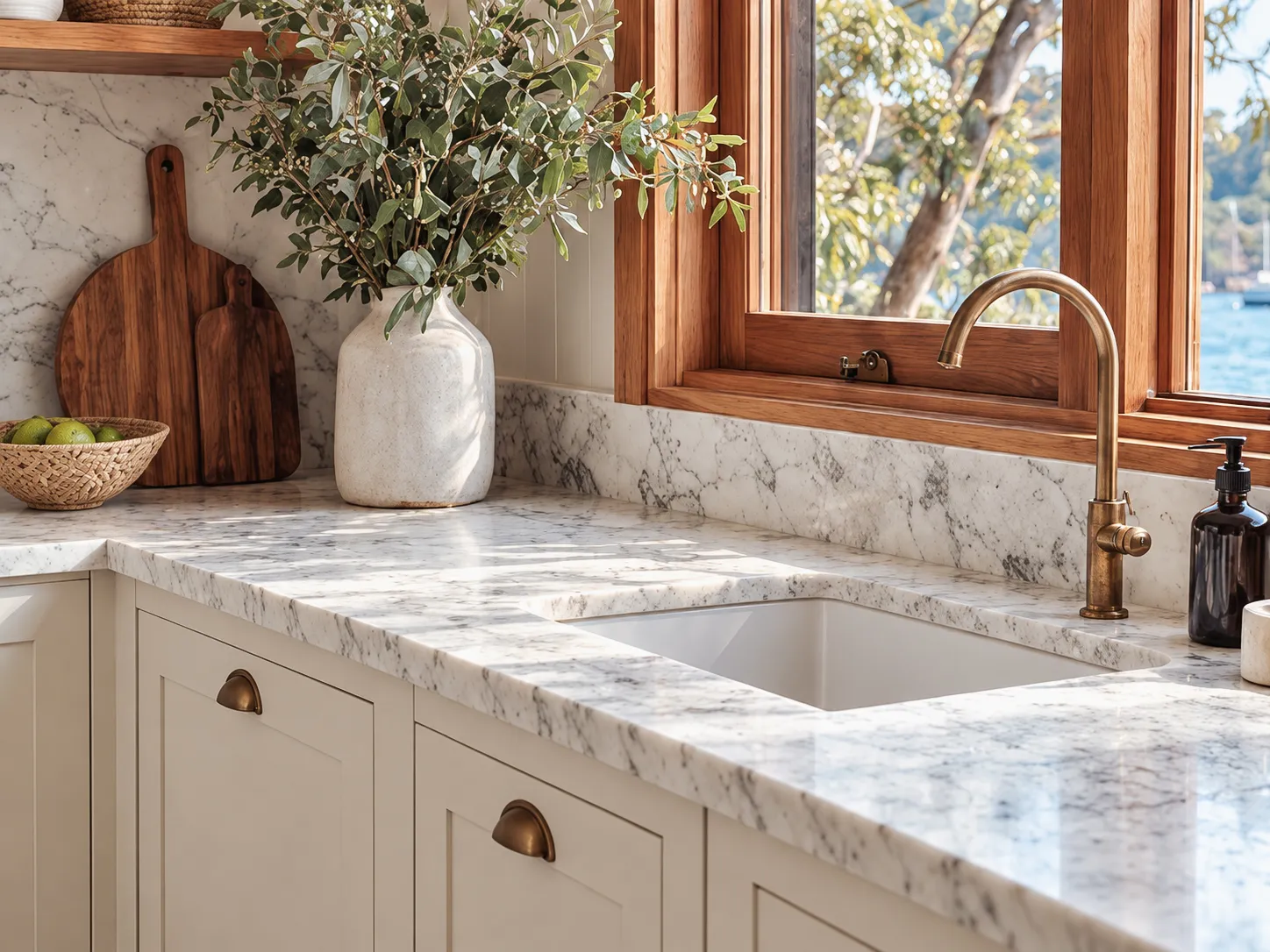 Marble benchtop and brass tap beside a timber-framed window