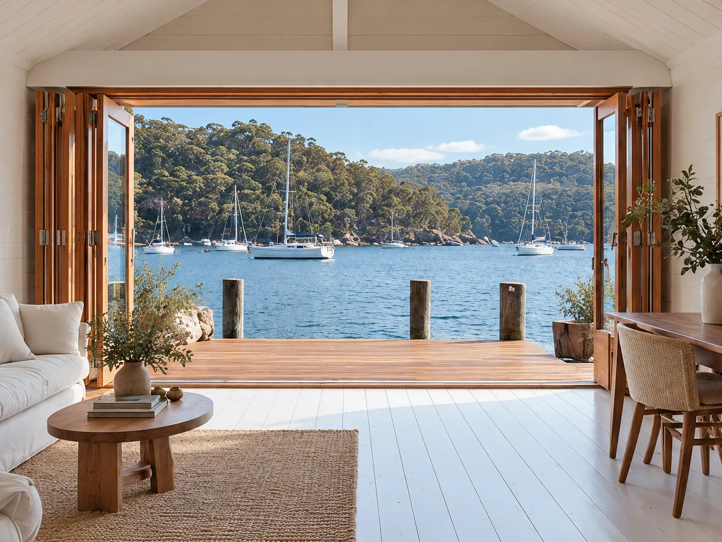 Open bi-fold doors framing boats on the water