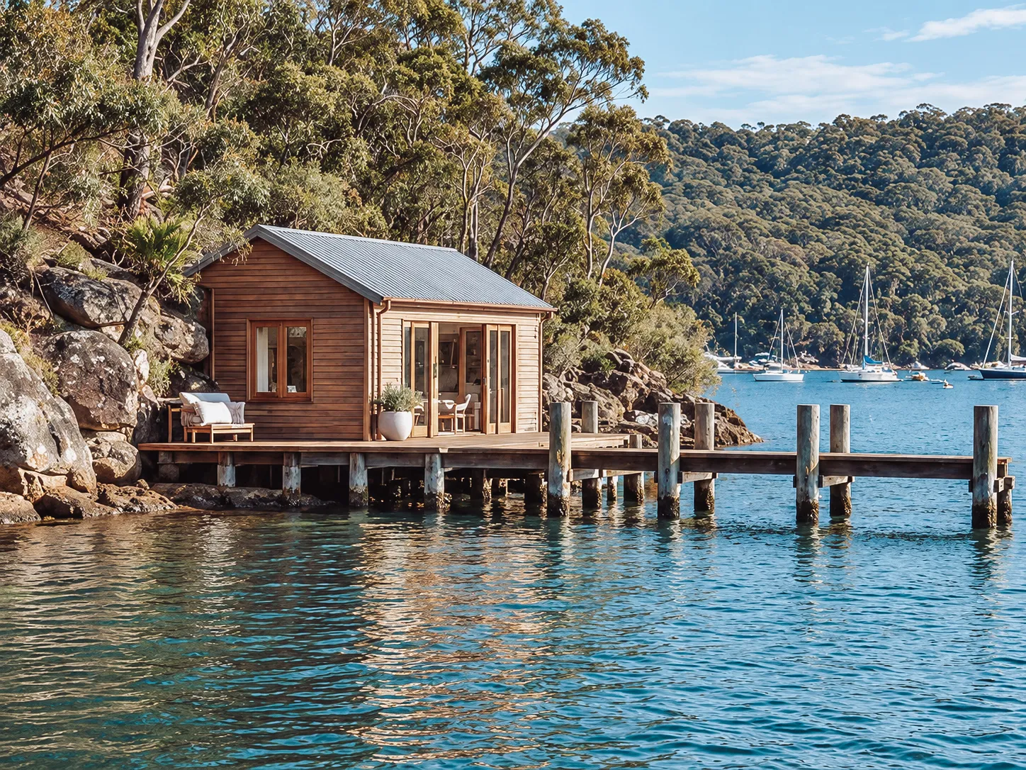 Timber boatshed on a jetty over blue water