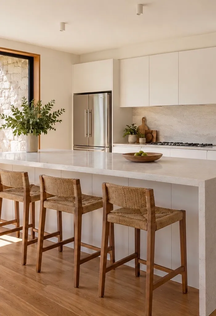 White kitchen with island and woven bar stools