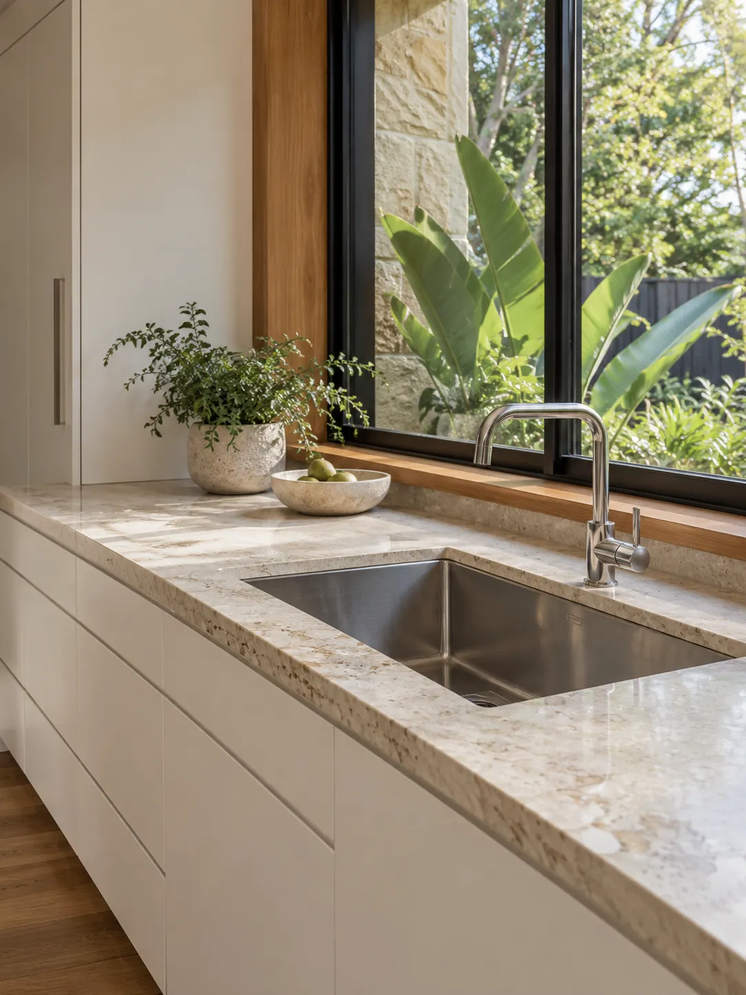 Kitchen sink under a timber-framed window with stone benchtop