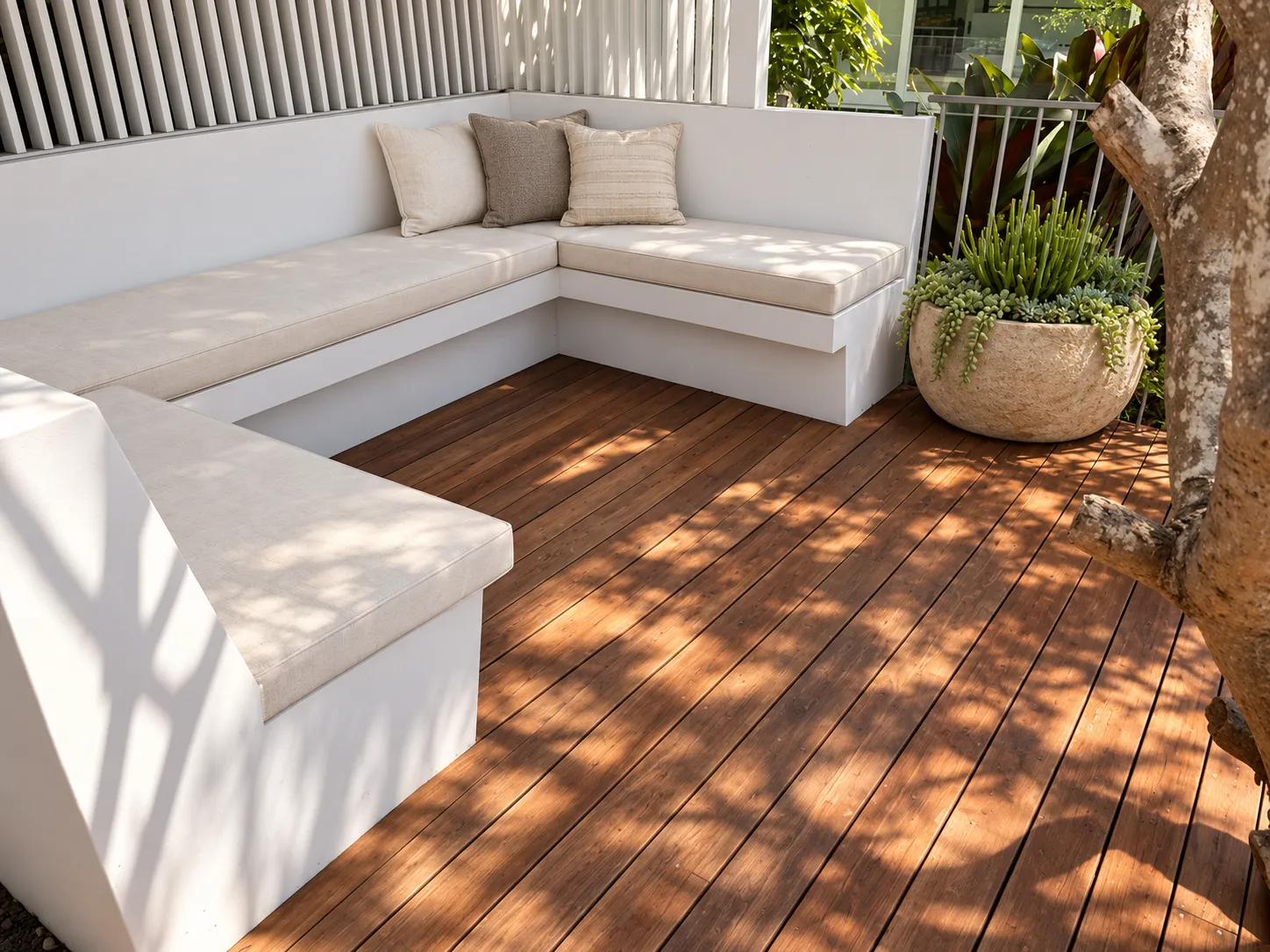 Rendered bench seating on a hardwood deck in dappled light