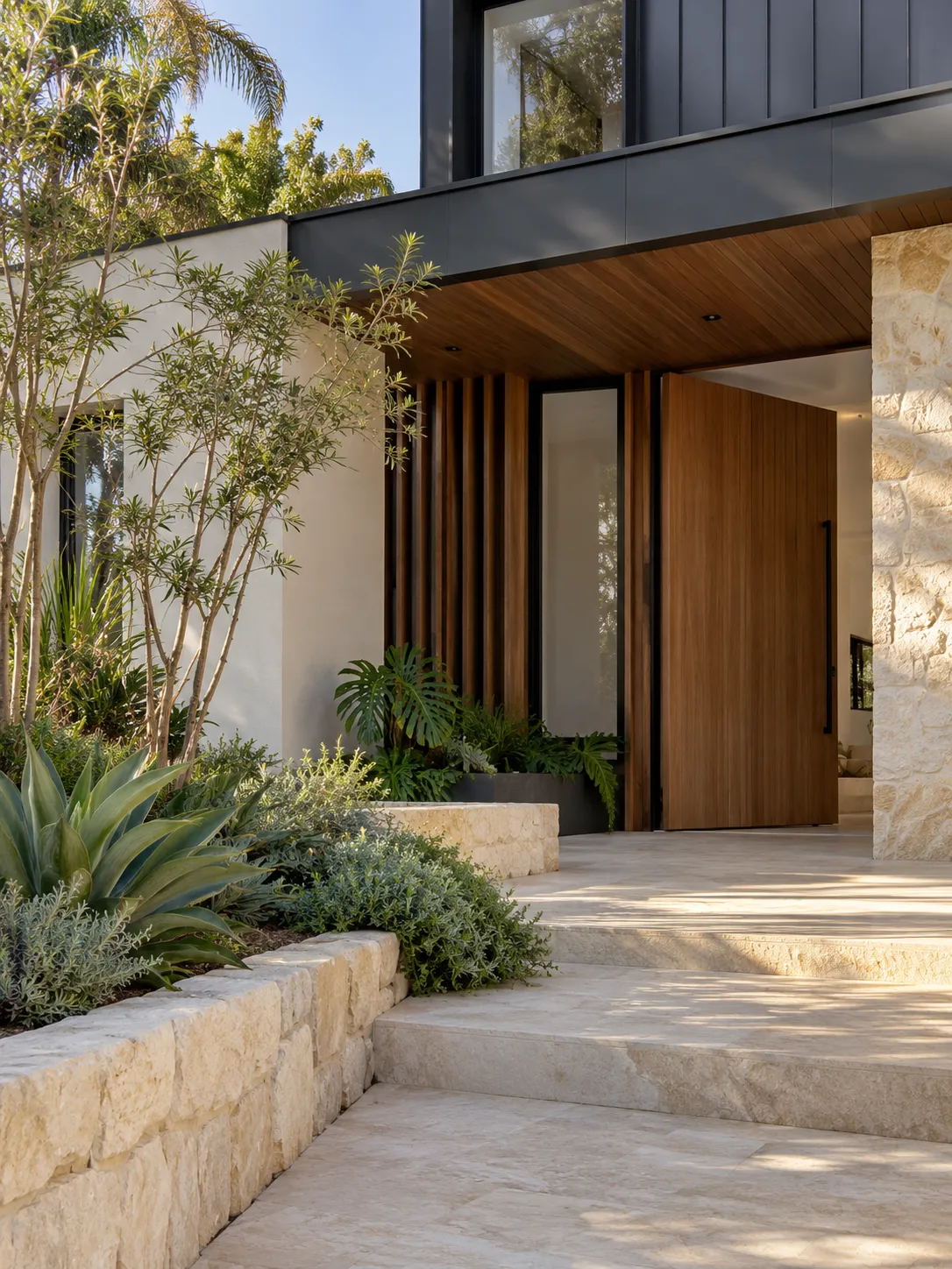 Timber entry door with sandstone steps and landscaped garden
